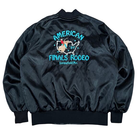 Vintage 1989 American Finals Rodeo Jacket Black Satin Bomber Embroidered Western - Picture 1 of 9